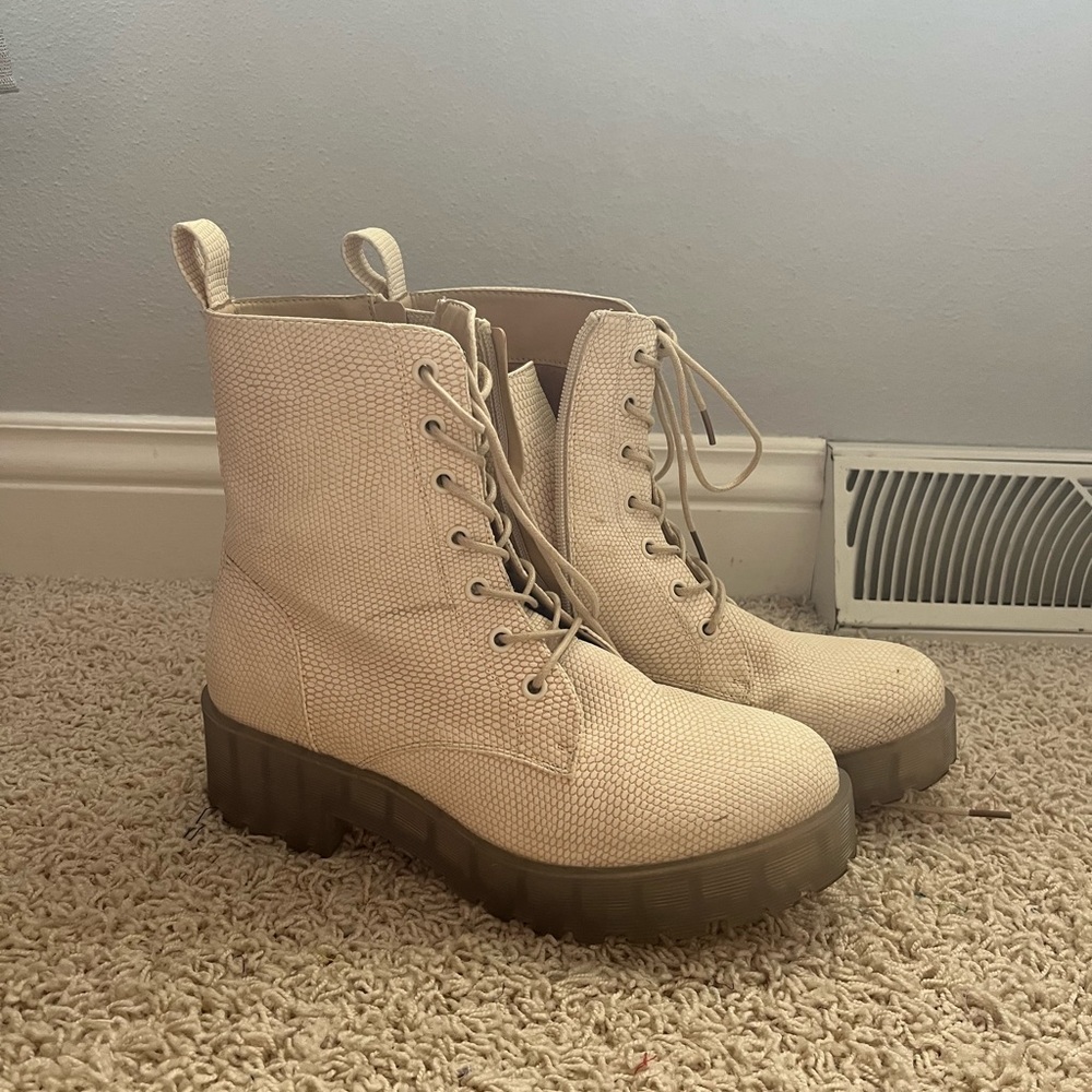 white leather faux snakeskin boots with clear bottoms